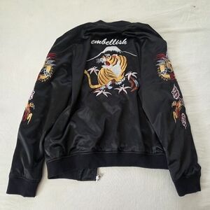 Japan Vintage Look Black Embroidered Tiger Jacket Embellish XL Reversible Satin